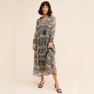 Anthropologie Marais Chiffon Maxi Dress Black and White Floral Dress, Size M
